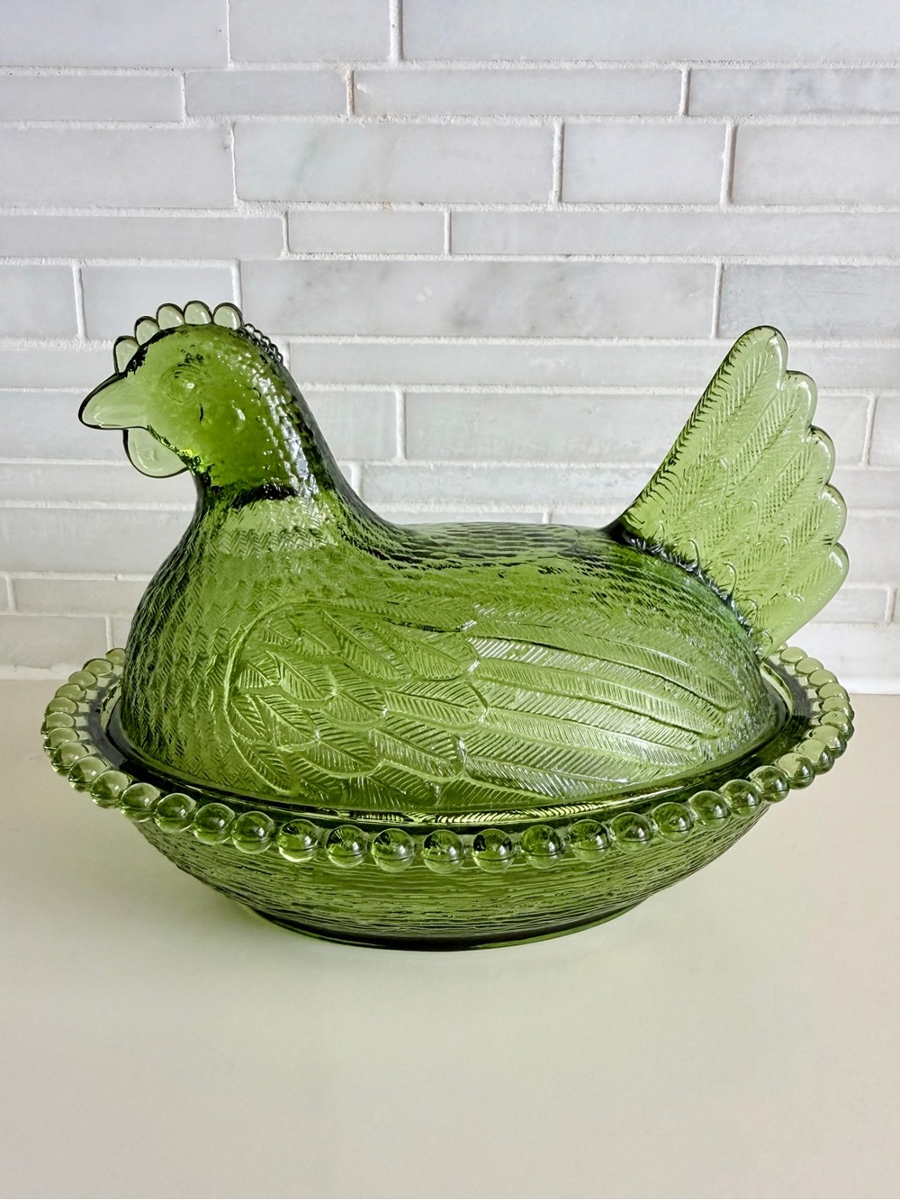 Vintage Olive Green Indiana Glass Hen on Nest 7” Covered Chicken Candy Dish